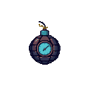 A purple pixelated time bomb with a cyan dial and a teal cap, trailing yellow and black smoke.