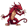 A menacing demon lizard monster with crimson scales, glowing red eyes, bared teeth, sharp horns, and claws stands on a transparent background.