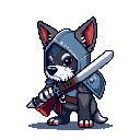 Canine warrior in Nordic armor, holding a sword, with red eyes and dark fur.