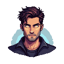 Stoic man with tousled brown hair and glowing yellow eyes, wearing a dark collared jacket.