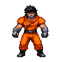 Fighter in an orange outfit with a metallic mask and gauntlets, glowing orange eyes, and dark hair.