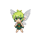 A pixie with bright green hair, large emerald eyes, and translucent, heart-patterned wings, wearing a leafy green outfit with a golden belt.