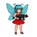 Pixie with blue pigtails, butterfly wings, and a red dress holding an Uzi.
