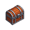 A closed, reddish-brown wooden chest with silver metal bands and a prominent clasp, viewed from a top-down three-quarter angle.