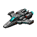 Sleek, angular, futuristic spaceship with cyan lights and red indicators on a black background.