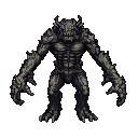 A hulking monster with rocky protrusions, long arms, menacing horns, and glowing teal eyes stands ready.