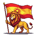 Golden pixel art lion holding a red and yellow flag with a central sun emblem.