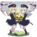 Two young women in dark blue military uniforms and officer caps hold a bouquet of sunflowers and white roses in a sunlit cherry blossom field.