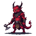 Red-scaled demon with yellow eyes, dark horns, grey scarf, and studded belt, holding a battle axe.