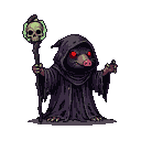 Mole necromancer with glowing red eyes, pink snout, and a staff topped with an ethereal skull.