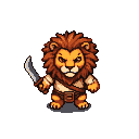 Small humanoid lion warrior with orange and brown mane, holding a machete, wearing a tunic, sash, and belt.