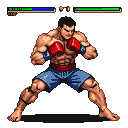 Muscular fighter in blue shorts and red waistband, with red boxing gloves held defensively, in a fighting game stance. Health bars are visible at the top.