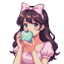 Pixel Art: girl in a pale pink dress and a bow tie on her head biting into a pastel blue apple (generated with AI and edited by Dixy).