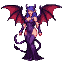 A succubus with large red bat wings, wearing a purple gown with high slits, dark purple hair, curved horns, and a sinuous tail.