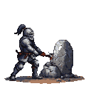 Pixel Art: 帮我生成一个图中人物手持十字镐而不是大剑在对着一块石头挖掘的场景