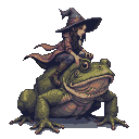 Pixel Art: witch riding on gigantic frog