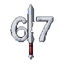 Stylized white sword with blue glint forming the number "67" against a transparent background, featuring a textured red hilt with silver accents.