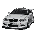 White BMW M3 with aggressive body kit and rear wing, head-on view, on black background.