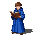 Young mage apprentice in a blue robe studying an open book.
