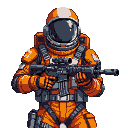 Pixel Art: spaceman in orange suit with rifle (generated with AI by sandacz).