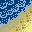 A pixelated beach scene with a deep blue ocean and golden sand.