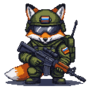 A fox in military gear, wearing goggles and holding an AK-74 rifle, with Russian flag patches on its helmet and arm.