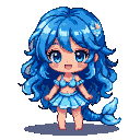 Chibi mermaid girl with light blue curly hair, bluish skin, and a happy smile, wearing a light blue bikini and skirt, with a sepia-toned tail.
