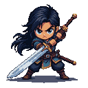 Young warrior with flowing dark hair, blue eyes, and rugged attire, holding a gleaming sword in a dynamic combat stance.
