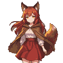 Wolf girl with reddish-brown hair, amber eyes, wolf ears, and fluffy tail, wearing a white blouse, red dress, and brown hooded cape, bathed in sunset light.