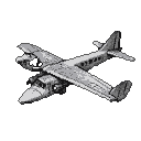 Vintage twin-engine aeroplane in flight against a black background.
