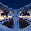Two silhouetted cowboys on horseback face each other across a chasm with a waterfall, illuminated by distant lantern light under a starry, snow-covered night.