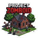 Two figures with weapons confront a third person outside a decaying house, with a zombie nearby and another person fleeing.