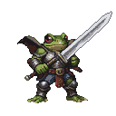 A green frog wearing dark metallic armor grips a large, gleaming sword defensively.
