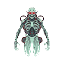 Spectral skeletal figure with cybernetic implants and glowing red eyes, its lower body dissolving into mist.