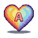 Pixel heart with orange-yellow on the left and blue-purple on the right, with a coral-pink letter "A" in the center.