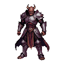 A demon knight in dark, gleaming metallic armor with a horned, skeletal helmet and crimson fabric.