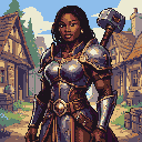 African American woman in detailed armor with a lucerne hammer, standing before a medieval village.
