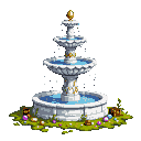 Pixel Art: A white steel fountain with a gold ornament and a precious stone inside, surrounded by moss, and on top of the moss I would like to have treasures scattered (generated with AI and edited by Alouka).