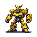 Yellow and grey bumblebee-inspired mecha in a ready stance.