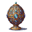 A Fabergé-style egg with golden filigree and shimmering blue and purple gemstones, resting on a decorative pedestal.