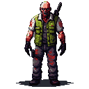 Menacing figure with mottled red skin, torn white shirt, dark pants, and green tactical vest. Bald head tilted, shadowed eyes, gaping mouth. Rifle slung over shoulder.