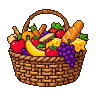 Woven basket overflowing with pixelated apples, banana, grapes, tomatoes, cheese, and baguette.