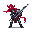 A warrior in dark, detailed armor holds a colossal sword across his chest, a crimson cape billowing behind him.
