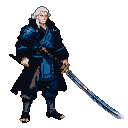Young samurai with white hair, wearing a dark overcoat with blue accents over blue samurai attire, grips a large katana.