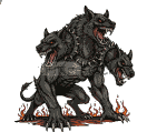 A three-headed, monstrous canine with glowing red eyes, sharp teeth, spiked collars, and sharp claws, standing amidst flickering orange flames.