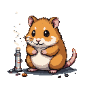 A plump, orange hamster with wide eyes sits beside a small metallic object emitting a puff of white pixelated smoke.