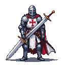 Templar Knight in gleaming plate armor and white tunic with red cross, wearing a crimson cape and holding a greatsword.