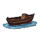 Weathered wooden boat with a reddish waterline on a rippling blue stream.