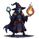 Skeletal figure in indigo robes and pointed hat, wielding a flaming orb and a staff with a glowing orb.