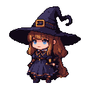 Young witch girl with oversized pointed hat and auburn hair, wearing a dark blue ruffled dress with golden trim and belt, looking down with sad blue eyes.